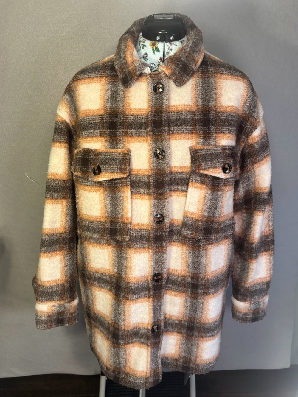 Sanctuary Plaid Button-Front Jacket in Brown & Cream